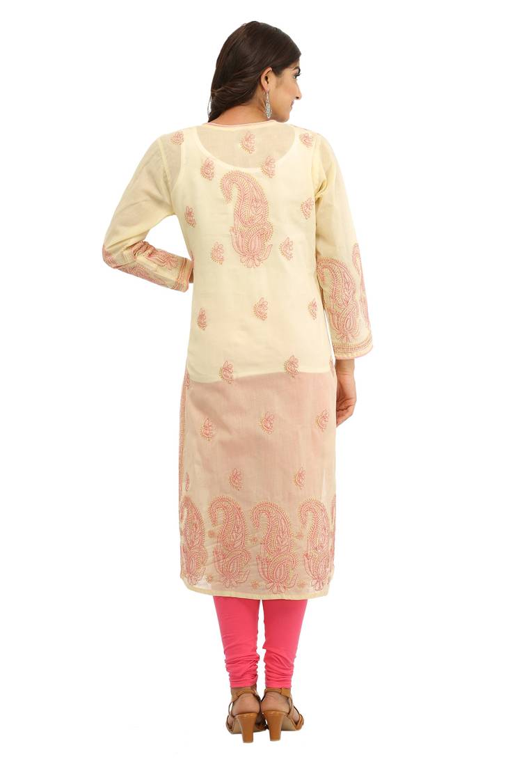 Ada Hand Embroidered Fawn Cotton Lucknow Chikan Kurti 