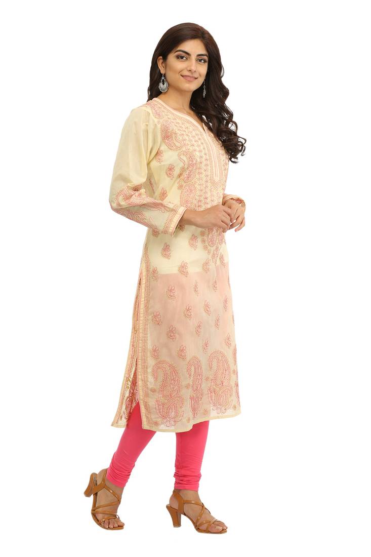 Ada Hand Embroidered Fawn Cotton Lucknow Chikan Kurti 