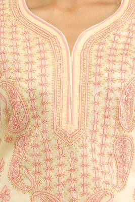 Ada Hand Embroidered Fawn Cotton Lucknow Chikan Kurti  4