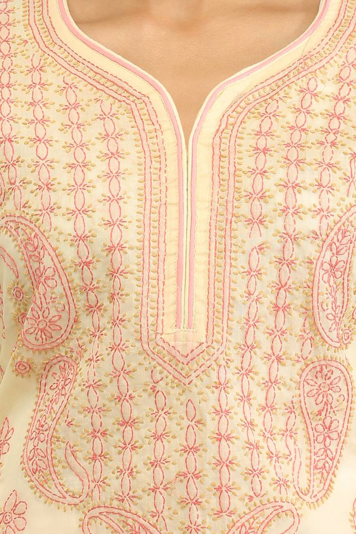 Ada Hand Embroidered Fawn Cotton Lucknow Chikan Kurti 