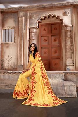 Yellow embroidered faux silk saree with blouse 4