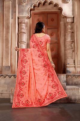 Peach embroidered faux silk saree with blouse 4