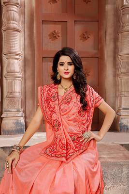 Peach embroidered faux silk saree with blouse 5