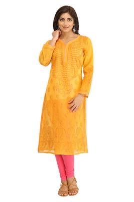 Ada Hand Embroidered Mustard Cotton Lucknow Chikan Kurti 1