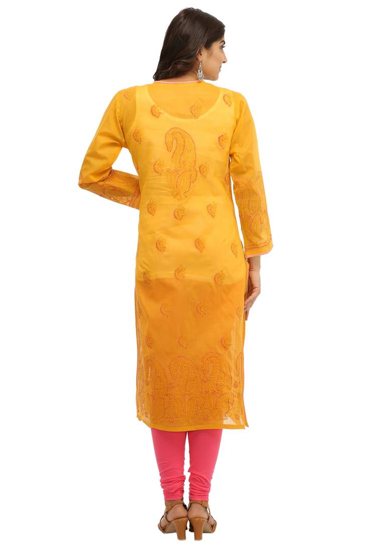 Ada Hand Embroidered Mustard Cotton Lucknow Chikan Kurti