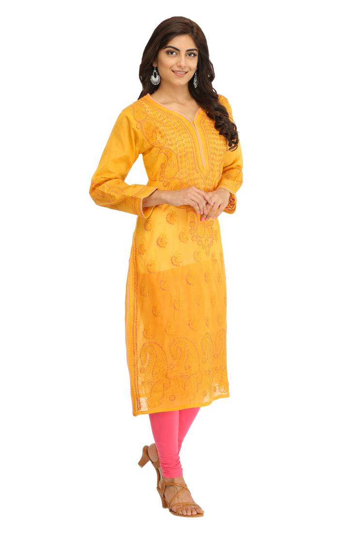 Ada Hand Embroidered Mustard Cotton Lucknow Chikan Kurti