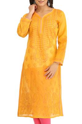 Ada Hand Embroidered Mustard Cotton Lucknow Chikan Kurti 4