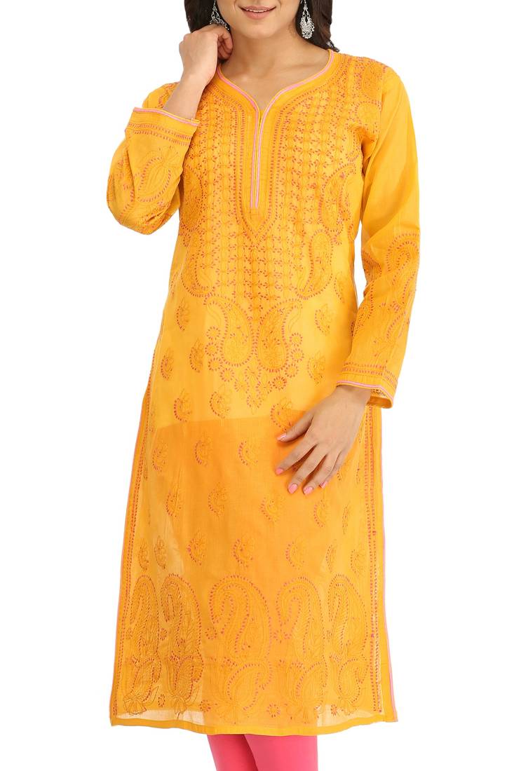 Ada Hand Embroidered Mustard Cotton Lucknow Chikan Kurti
