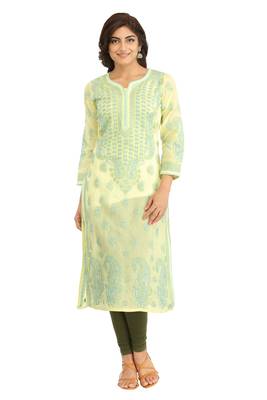 Ada Hand Embroidered Lemon  Cotton Lucknow Chikan Kurti 2