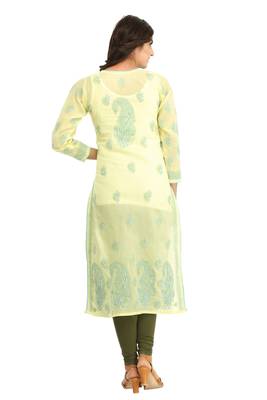 Ada Hand Embroidered Lemon  Cotton Lucknow Chikan Kurti 3
