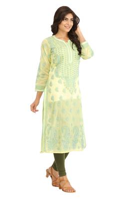 Ada Hand Embroidered Lemon  Cotton Lucknow Chikan Kurti 4