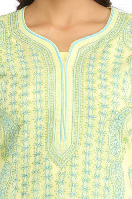 Ada Hand Embroidered Lemon  Cotton Lucknow Chikan Kurti 5