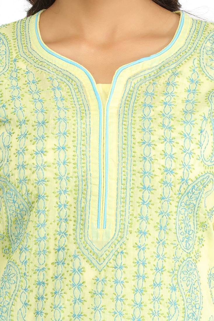 Ada Hand Embroidered Lemon  Cotton Lucknow Chikan Kurti