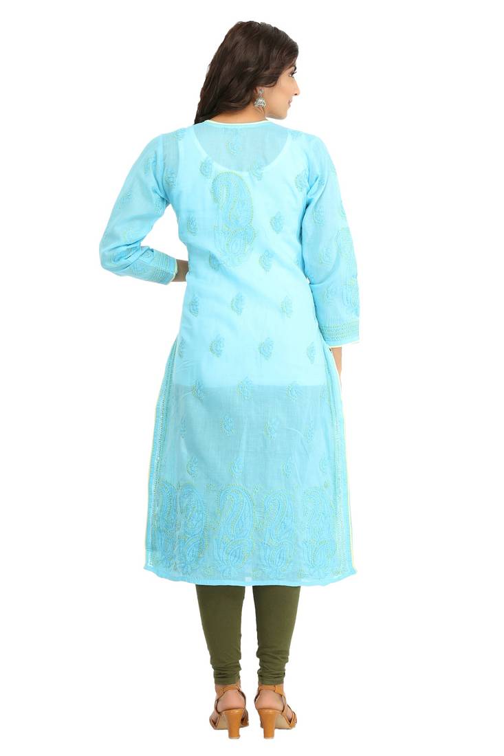 Ada Hand Embroidered Blue Cotton Lucknow Chikan Kurti