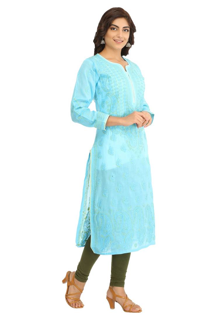 Ada Hand Embroidered Blue Cotton Lucknow Chikan Kurti
