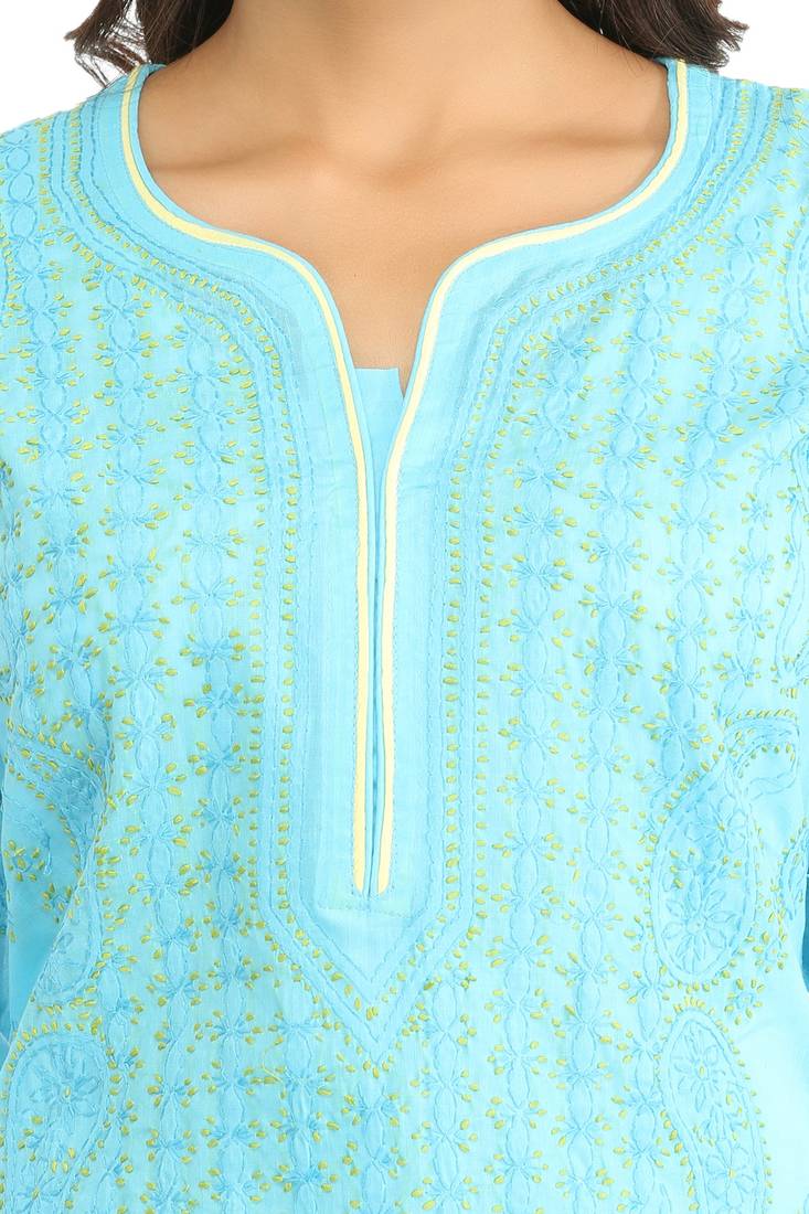 Ada Hand Embroidered Blue Cotton Lucknow Chikan Kurti