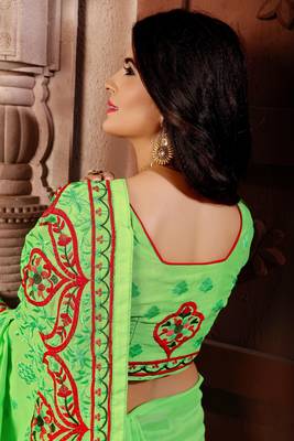 Light green embroidered faux silk saree with blouse 2