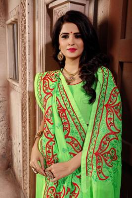 Light green embroidered faux silk saree with blouse 4