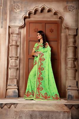 Light green embroidered faux silk saree with blouse 5