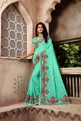 Light sea green embroidered faux silk saree with blouse 1