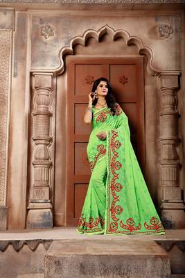 Light green embroidered faux silk saree with blouse 1