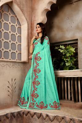 Light sea green embroidered faux silk saree with blouse 3