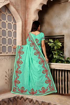 Light sea green embroidered faux silk saree with blouse 4