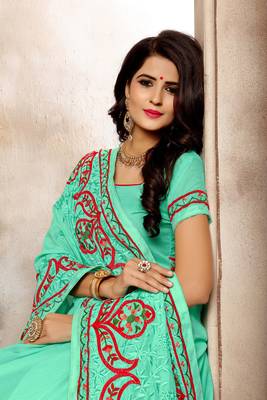 Light sea green embroidered faux silk saree with blouse 5