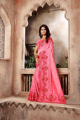 Dark pink embroidered faux silk saree with blouse 1