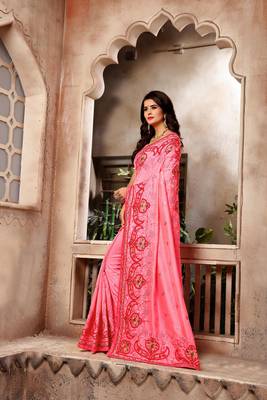 Dark pink embroidered faux silk saree with blouse 2