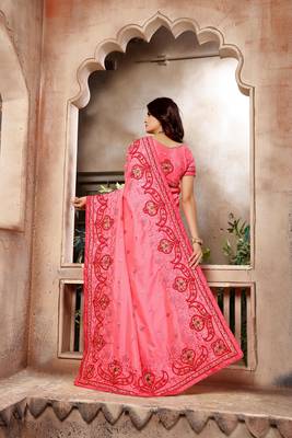 Dark pink embroidered faux silk saree with blouse 3