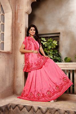 Dark pink embroidered faux silk saree with blouse 5