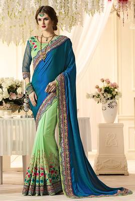 Turquoise embroidered georgette saree with blouse 1