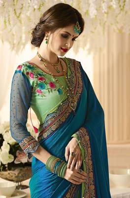 Turquoise embroidered georgette saree with blouse 2