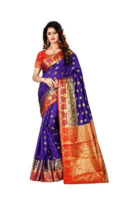 Purple woven cotton poly saree with blouse 2
