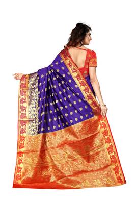 Purple woven cotton poly saree with blouse 4