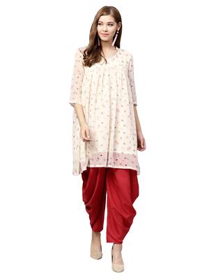 Inddus Cream Chiffon Printed Dhoti Kurta Set 1