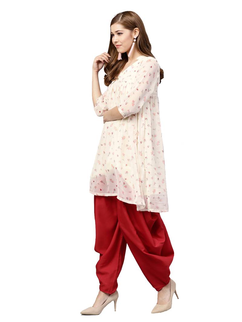Inddus Cream Chiffon Printed Dhoti Kurta Set