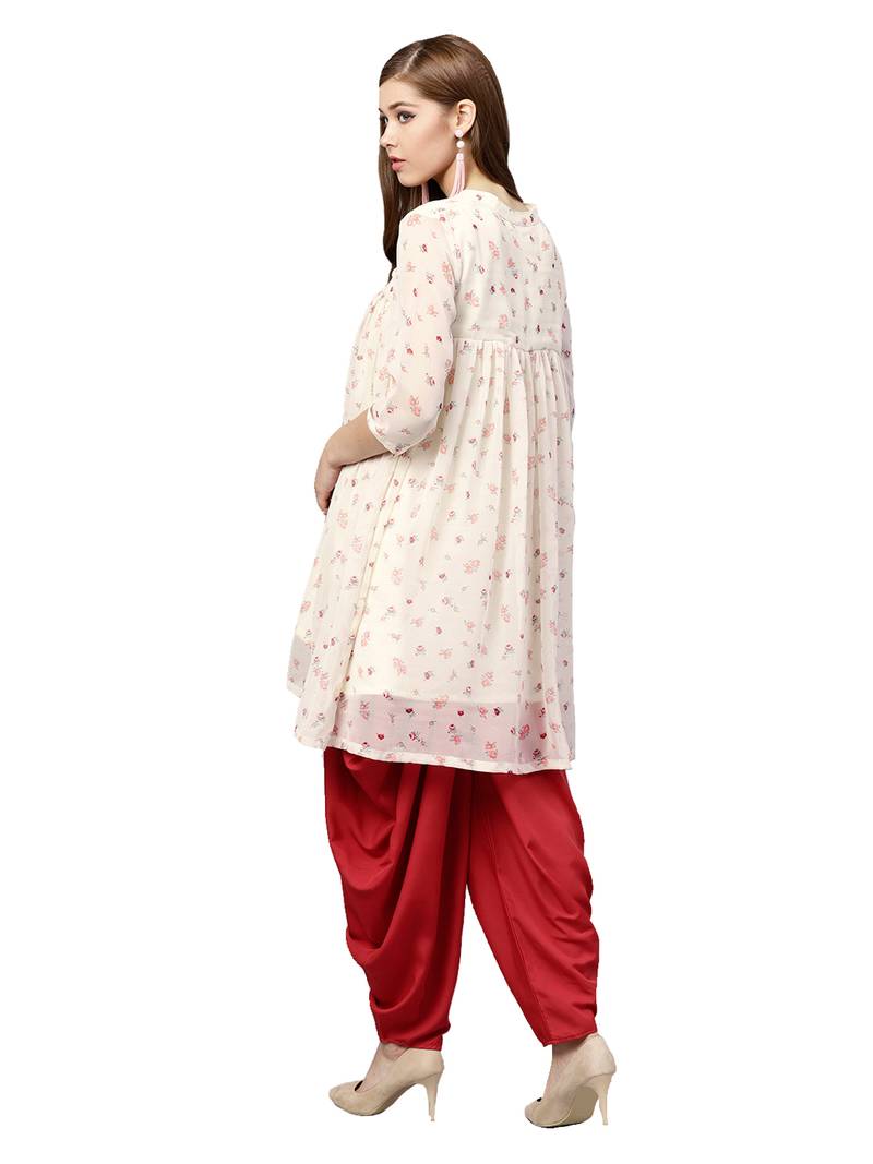 Inddus Cream Chiffon Printed Dhoti Kurta Set