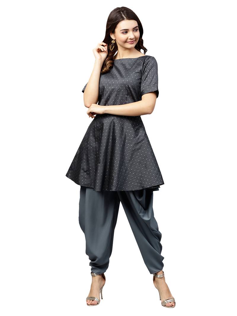 Inddus Grey Tafeta Self Design Dhoti Kurta Set