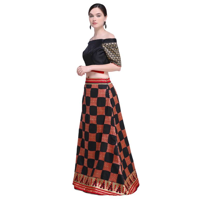 Inddus Black  Banarasi Art Silk Woven Unstitched Top With Black & Red Banarasi Art Silk Semi Stitched Skirt