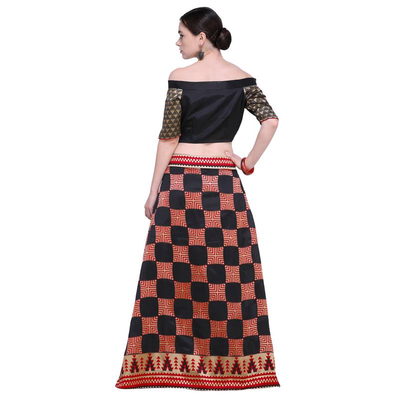 Inddus Black  Banarasi Art Silk Woven Unstitched Top With Black & Red Banarasi Art Silk Semi Stitched Skirt