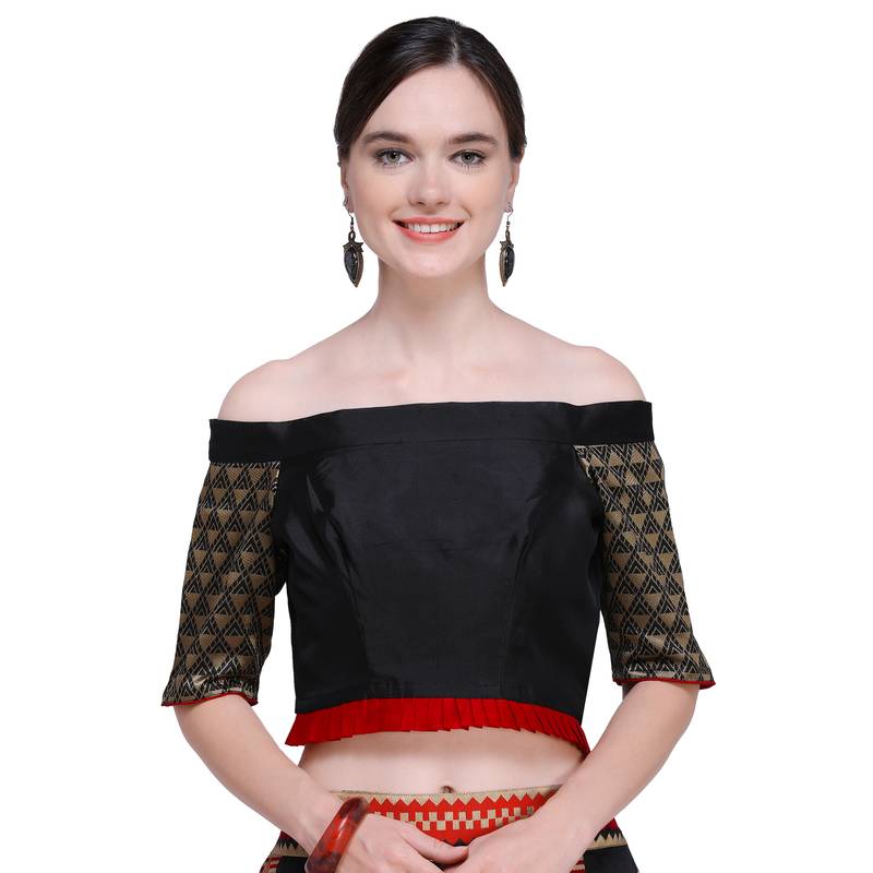 Inddus Black  Banarasi Art Silk Woven Unstitched Top With Black & Red Banarasi Art Silk Semi Stitched Skirt