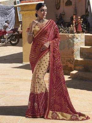 Beige embroidered georgette saree with blouse 1