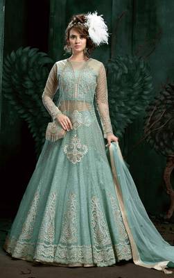 blue embroidered net ethnic suits with matching dupatta 1
