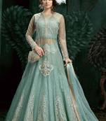 blue embroidered net ethnic suits with matching dupatta