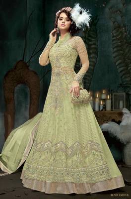 green embroidered net ethnic suits with matching dupatta 1