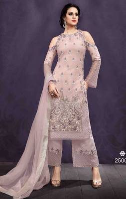 purple embroidered net ethnic suits with matching dupatta 1