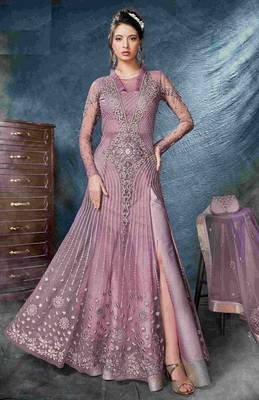 purple embroidered net ethnic suits with matching dupatta 1