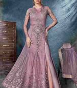 purple embroidered net ethnic suits with matching dupatta